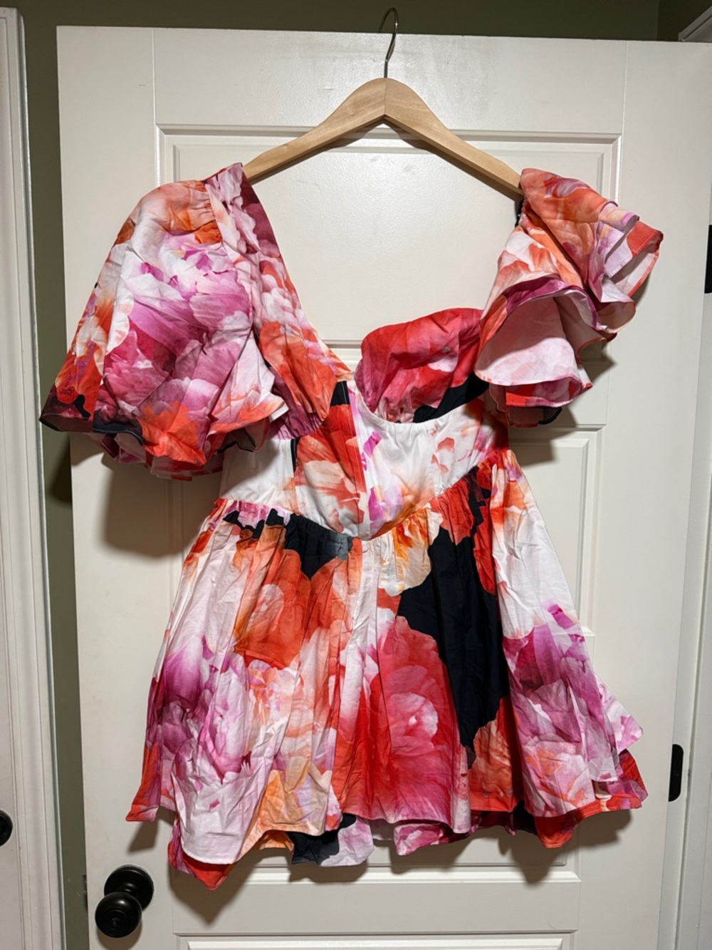 ASOS luxe Floral Puff-Sleeve Mini Dress in Red, Pink & Black 12